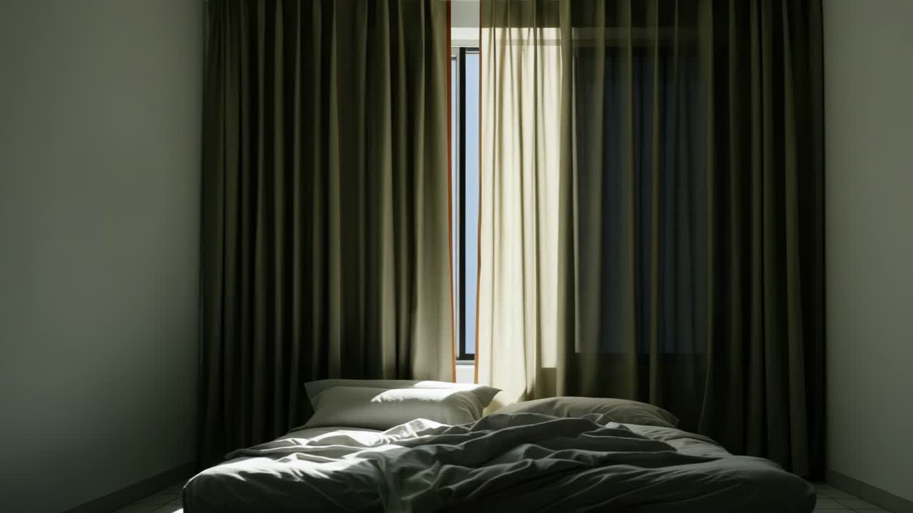 Slightly open curtains allowing soft natural light to filter into a dark bedroom, revealing an unmade bed in a tranquil nighttime setting