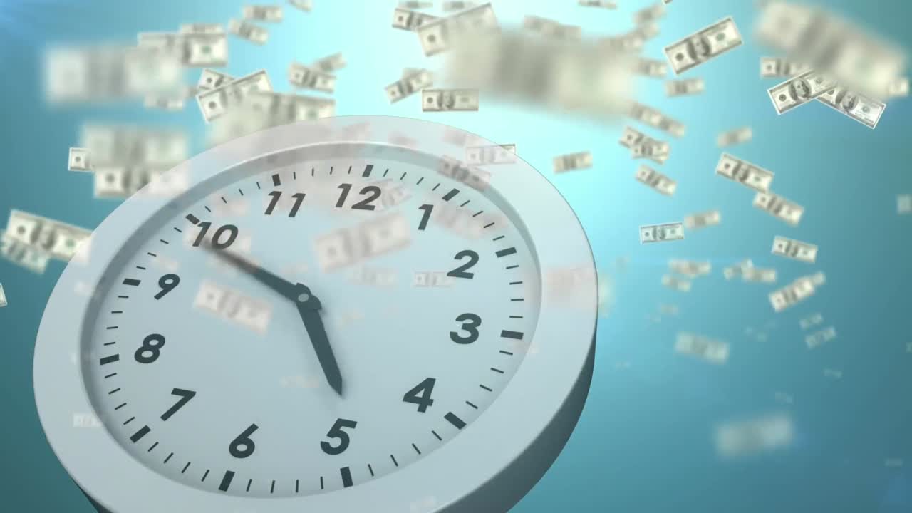 Digital animation of clock ticking over american dollars bills floating against blue background