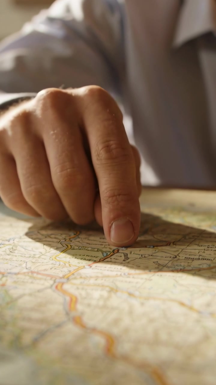 Vertikal video: Høyre hånd beveger seg, pauser og fortsetter på et kart ved et skrivebord, planlegger rute, skjorte.