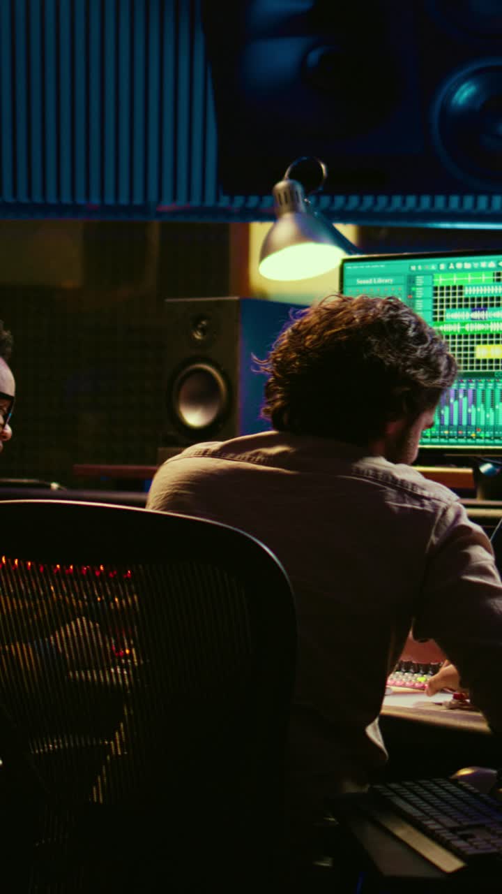 Two Men Collaborating and High-Fiving in a Recording Studio