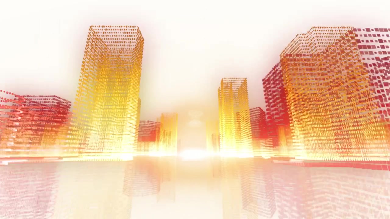 Animazione di un movimento attraverso edifici moderni di una città arancione.