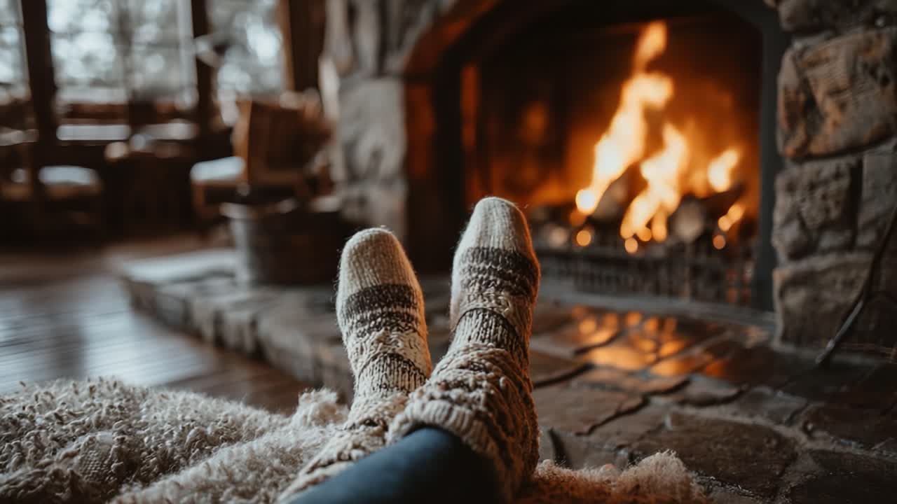 Cozy Moments by the Fireplace: Enjoying Warmth and Comfort with Knit Socks in a Rustic Cabin Atmosphere