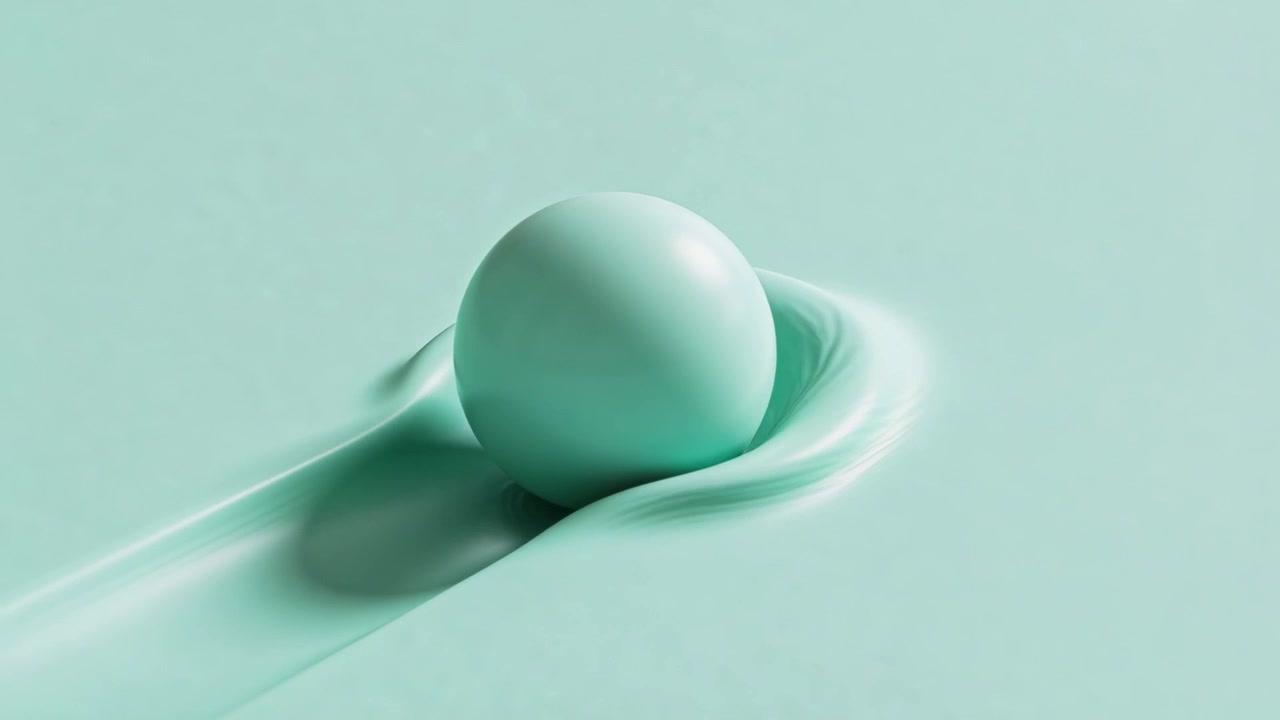 Sfera color menta parzialmente incastonata che inizia a rotolare su un piano morbido color menta, creando un cratere e un lungo solco.