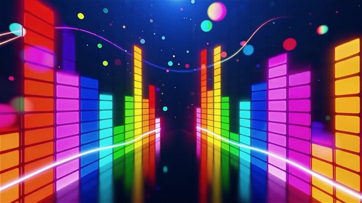 Futuristisk regnbuefarvet neon musik equalizer visualisering baggrund.
