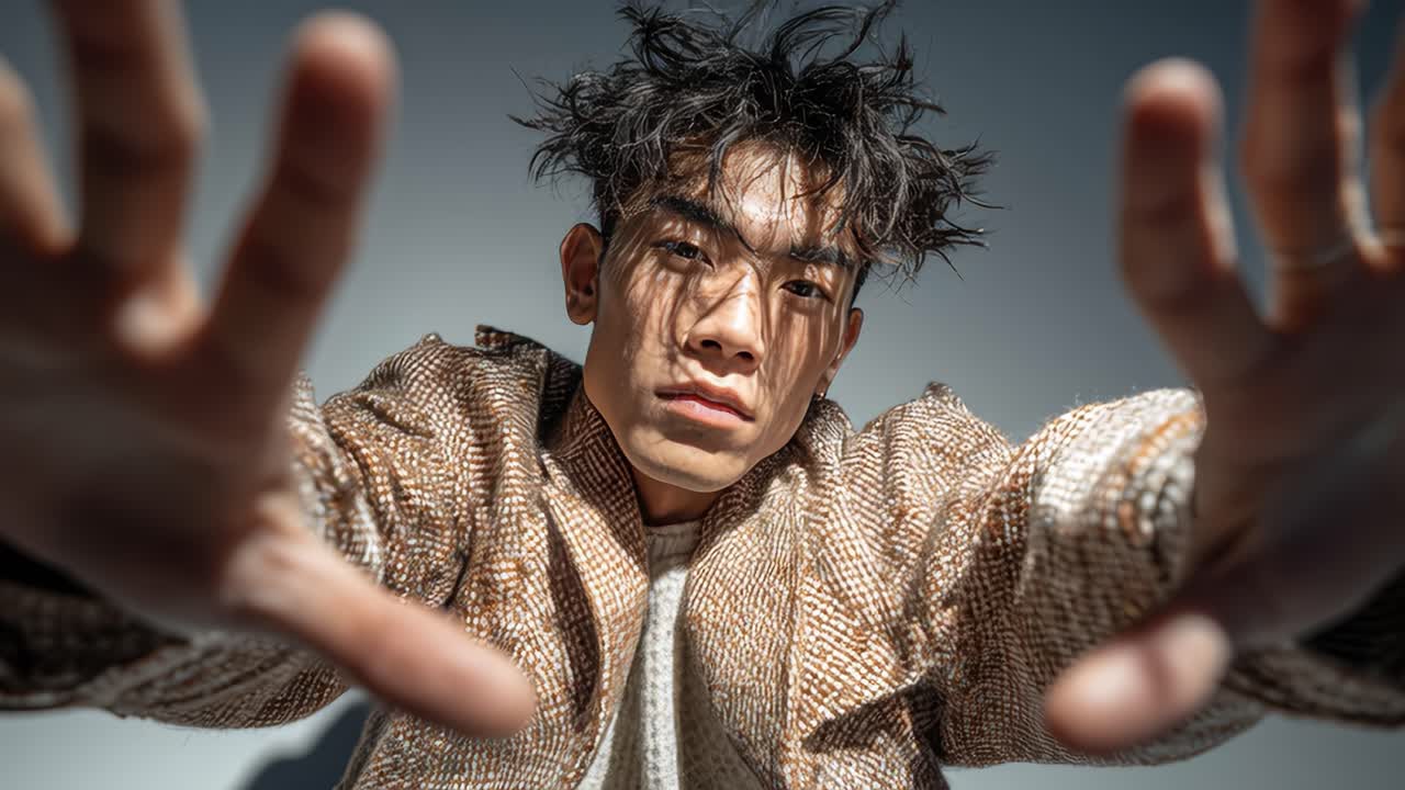 Young male model playing with hands in slow motion on white background