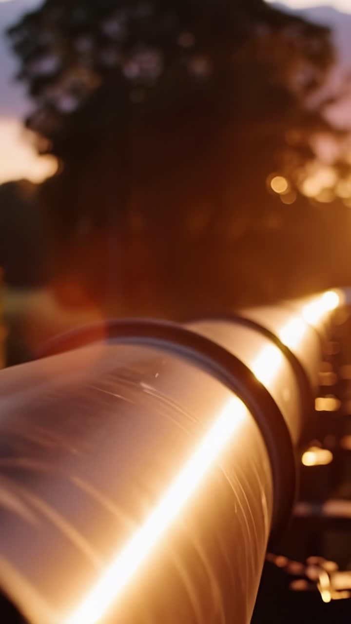 Glitrende metallrørledning fanget i varmt solnedgangslys, som fremhever det elegante designet og refleksjonene på overflaten av den industrielle strukturen.