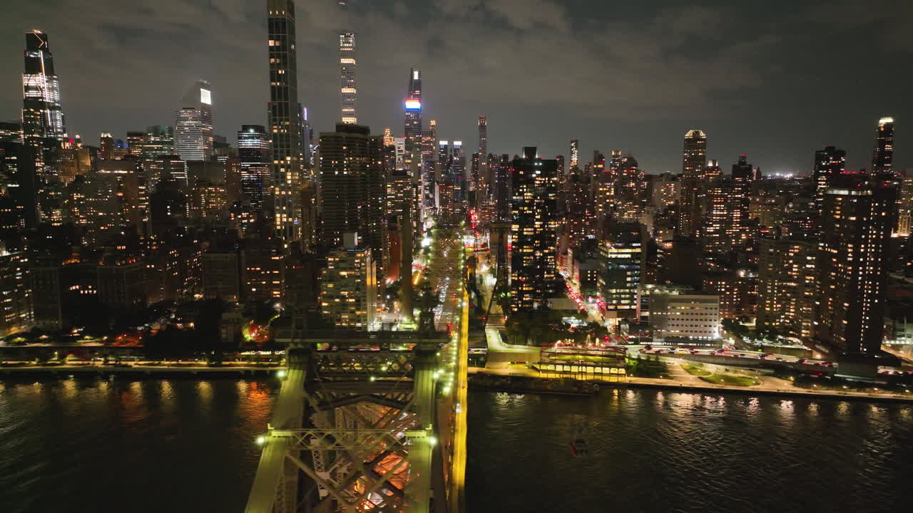 Manhattan Skyline And Queensboro Bridge At Night - Drone Shot