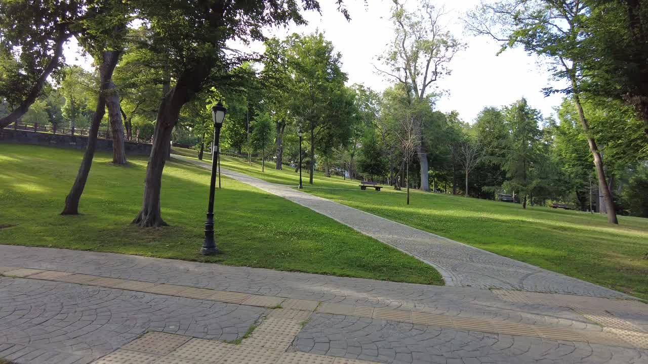 un camino a través de un hermoso parque con hierba verde y árboles