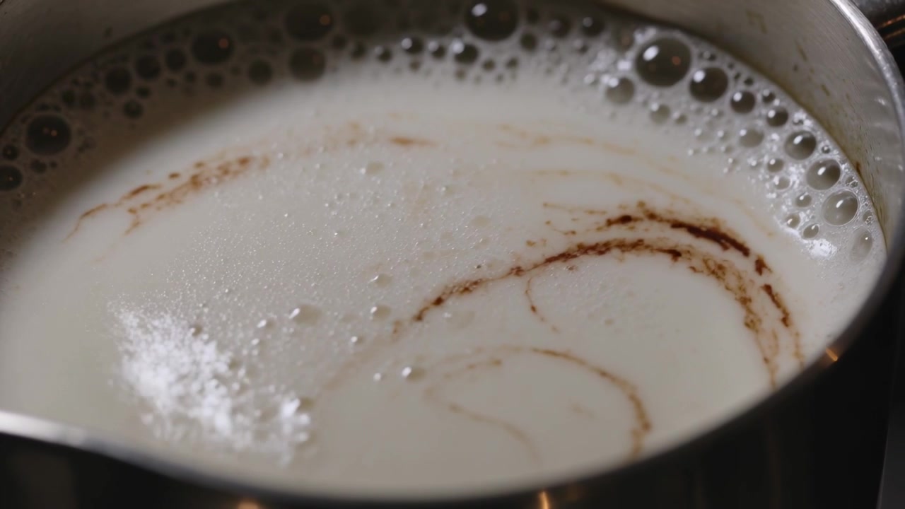Il calore del fornello riscalda il latte in un pentolino, formando una spirale marrone e piccole bolle che schiumano per una bevanda calda.