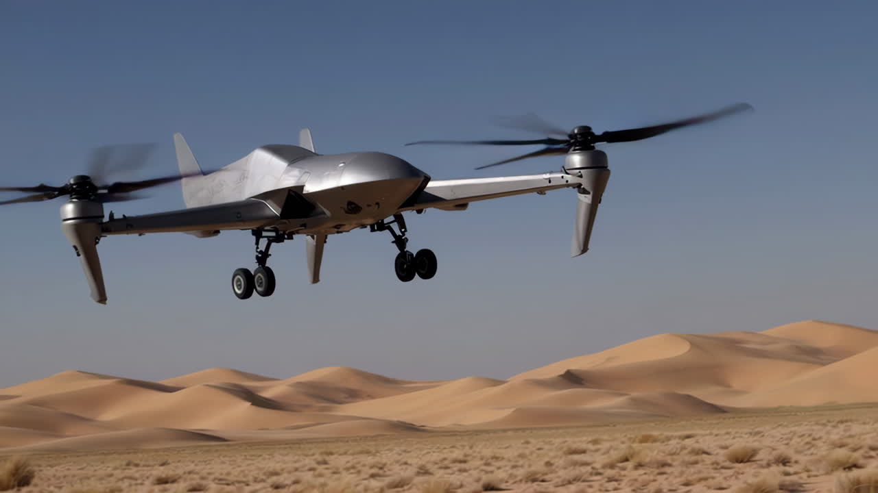 Drone in Flight Over Desert Dunes
