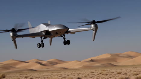 drone in flight over desert dunes