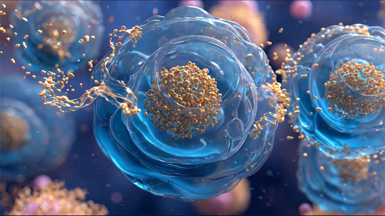 Gjennomsiktige biologiske celler med synlige organeller i mikroskopisk visualisering.