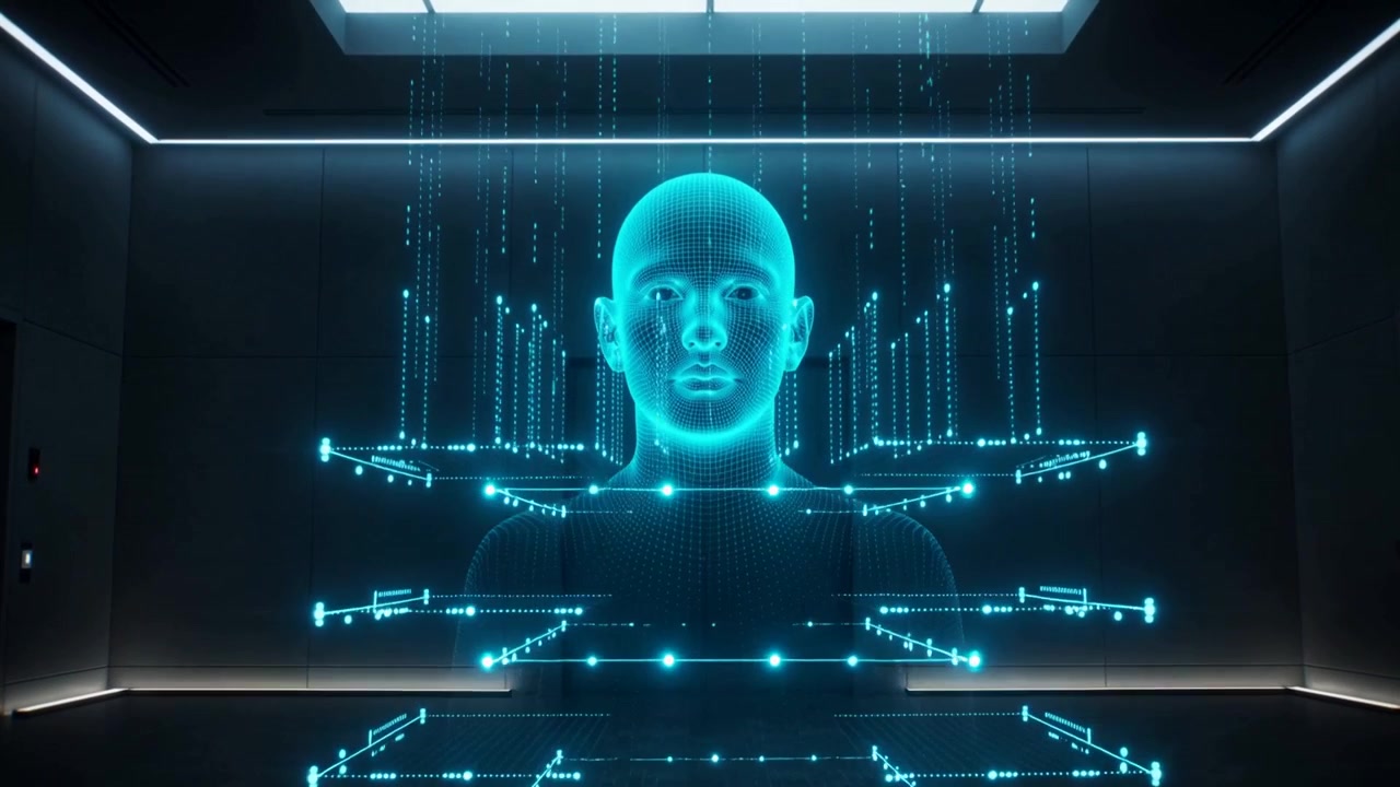 Assembling cyan hologram head in lab, ceiling panel and LED strips lighting, stabilizing projection