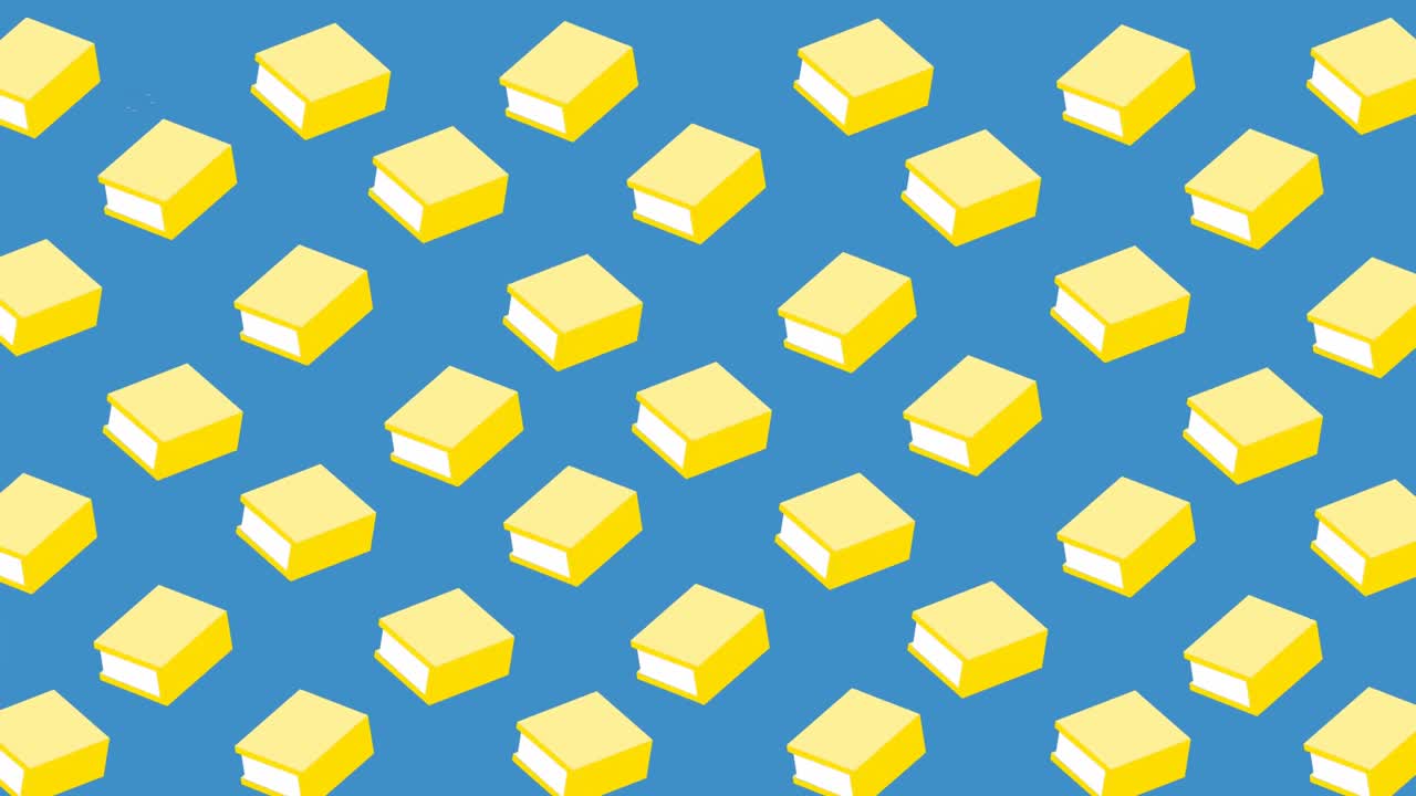 복사 공간과 함께 파란색 배경에 원활한 패턴으로 움직이는 여러 책 아이콘의 애니메이션