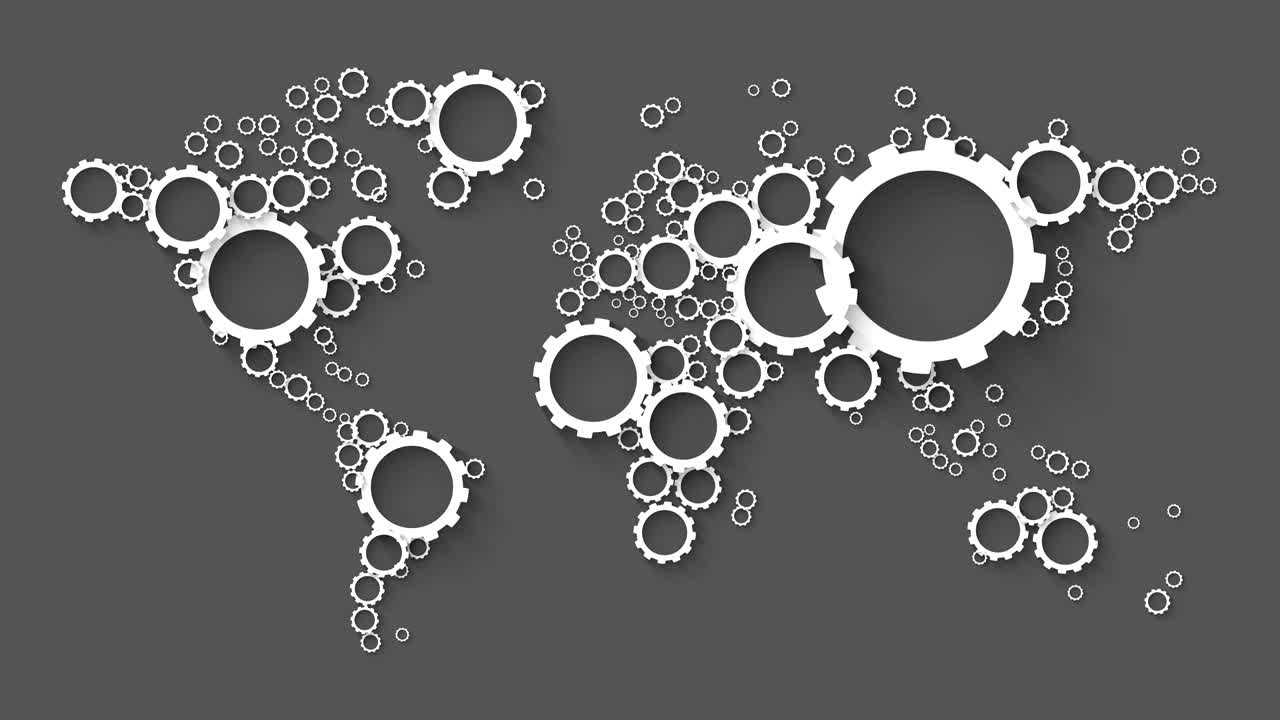 mapa del mundo de ruedas dentadas blancas sobre un fondo gris