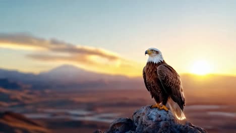 majestic bald eagle perched on rock at sunset