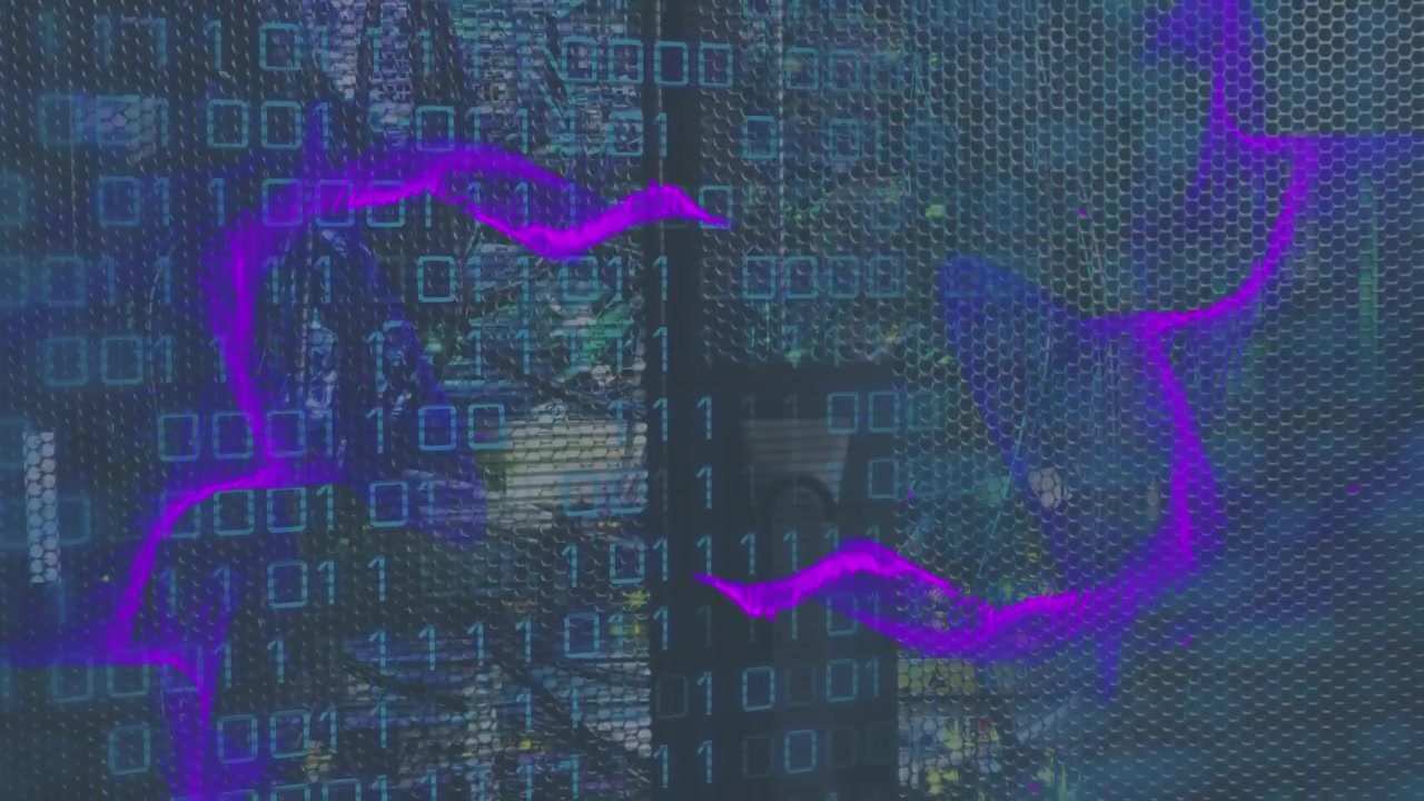 Animation of purple wave pattern over binary numbers and grid pattern