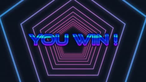 glitch effect over you win text against neon blue hexagons in seamless motion on black background