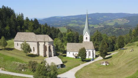 aerial drone shot of church at lese, slovenia