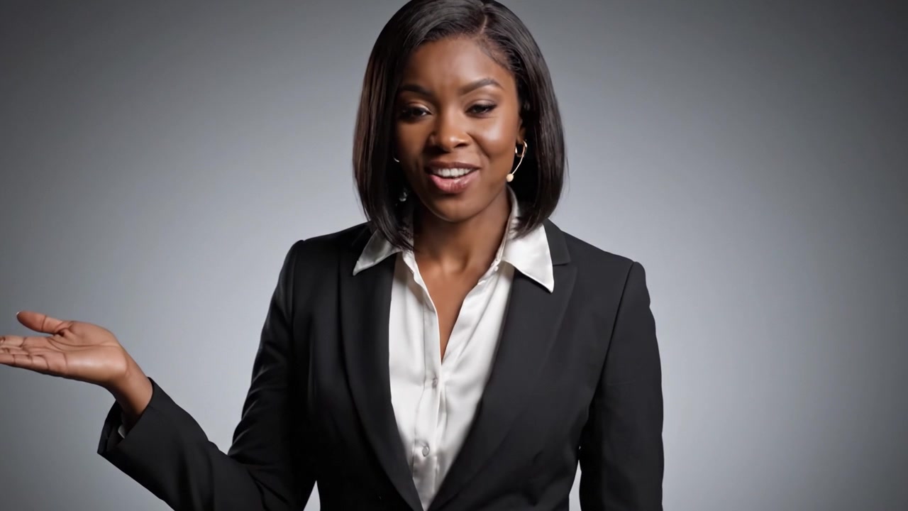 A confident professional woman in formal attire showcases her radiant smile and engaging personality in a well-lit studio setting, exuding charisma and poise.