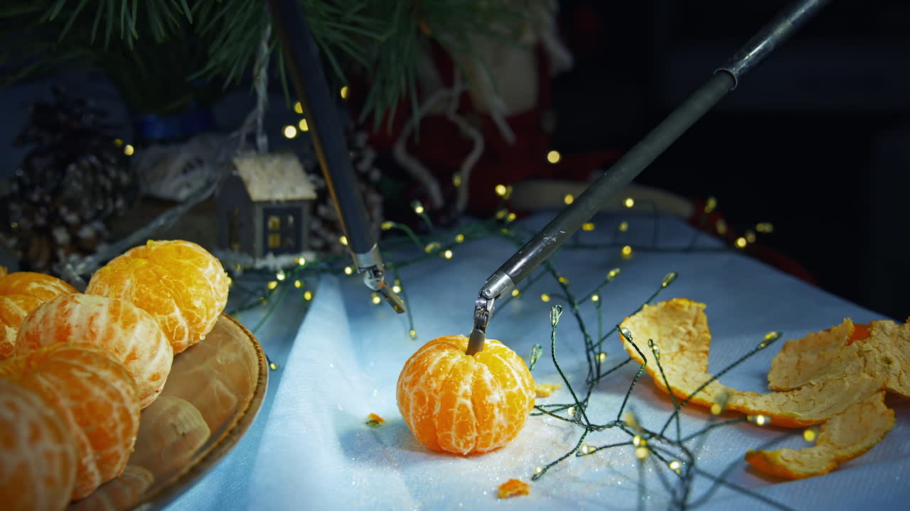 Robotic arms of surgery machine hold the peeled tangerine. Fruit peeled by the high-precised surgical equipment. Christmas ornaments at the backdrop.
