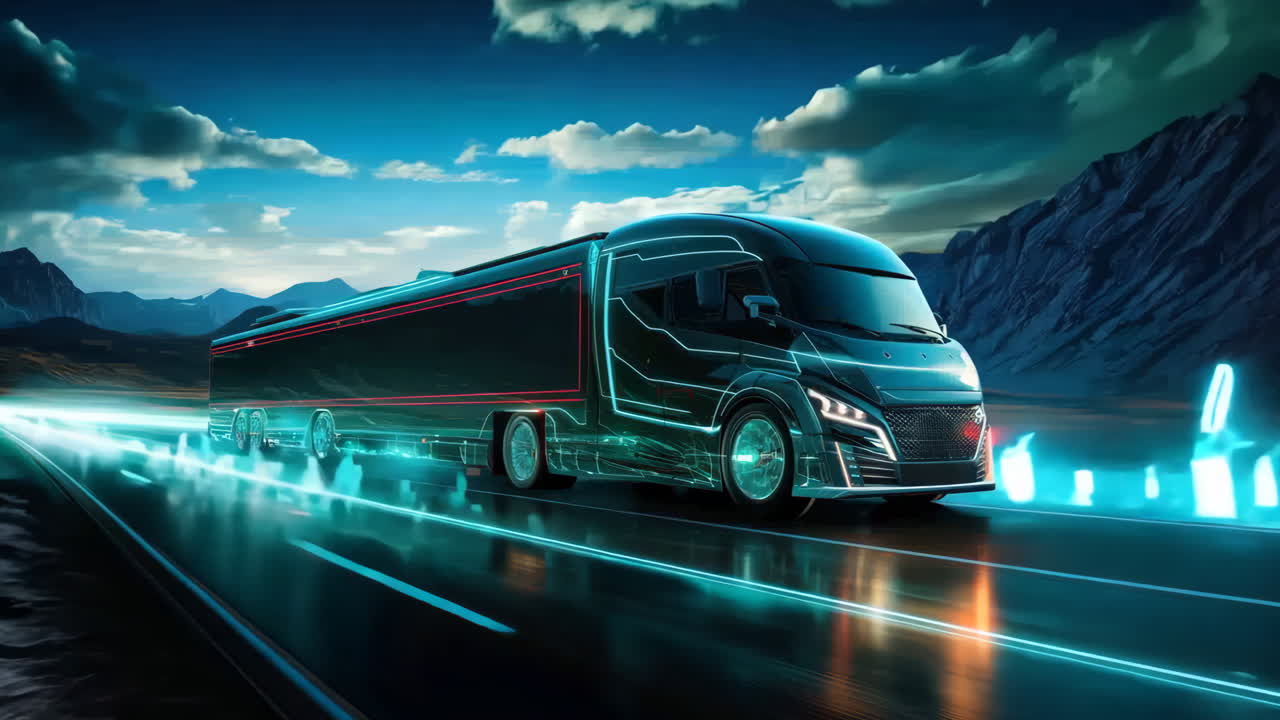 A futuristic black truck is driving down a road with mountains in the background. The truck is illuminated with a blue light, giving it a futuristic appearance