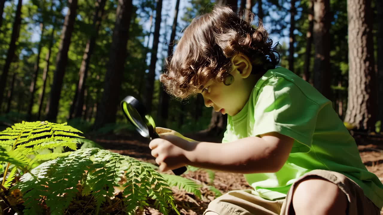 Young boy exploring nature with a magnifying glass in a forest