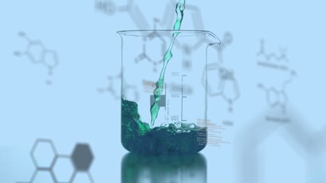 animación de moléculas sobre el reactivo que se vierte en vidrio de laboratorio sobre fondo azul