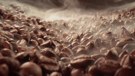 Close-up-of-seeds-of-coffee.-Fragrant-coffee-beans-are-roasted-smoke-comes-from-coffee-beans.