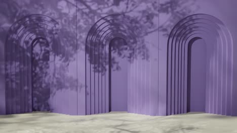 geometric arched purple wall with layered cutouts and shadows of tree branches. 3d architectural background. design for banner, poster, wallpaper, and header.
