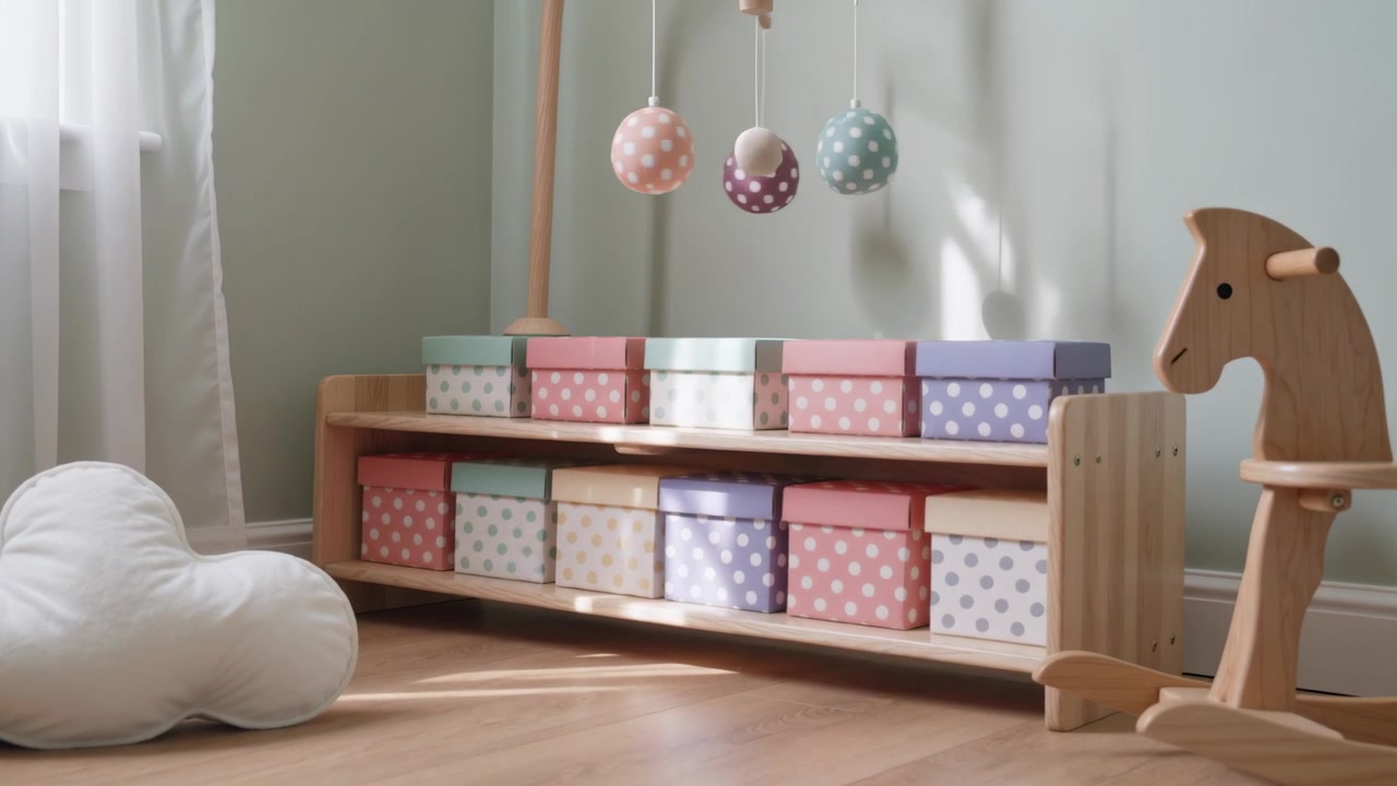Mobile swinging above shelf in moving sunlight casting shadows across nursery with boxes and rocker