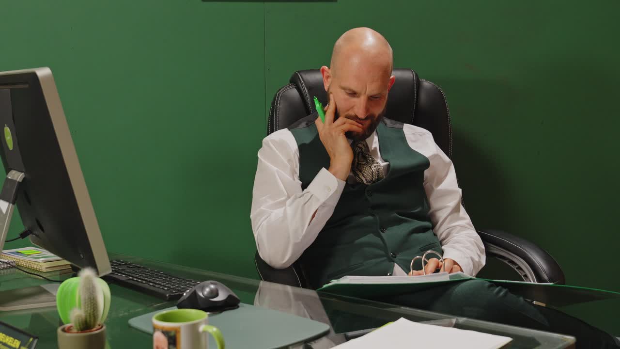 관리자가 사무실에서 책상 뒤에 앉아서 파일을 표시하고 있습니다.