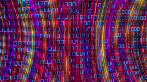 animación del procesamiento de datos de codificación binaria contra rastros de luz de colores en un patrón sin costuras