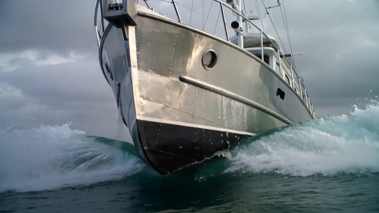 Cavalcando le onde, una nave a motore con scafo metallico avanza verso la telecamera in mare, mostrando un oblò.