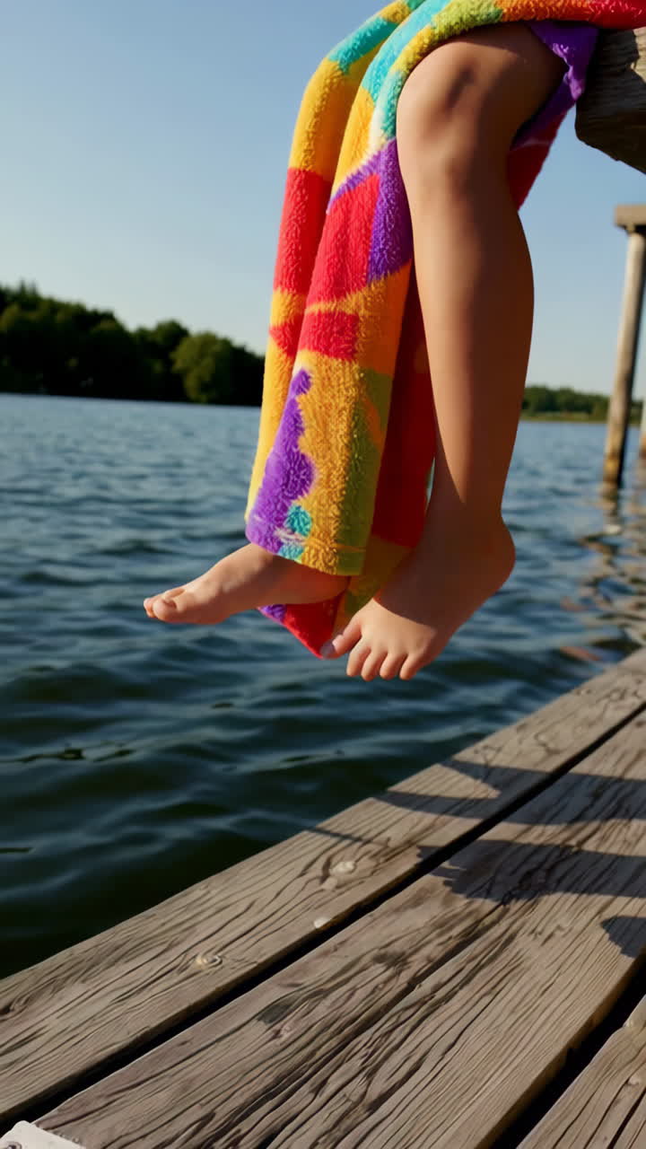 Feet dangling from a dock over water