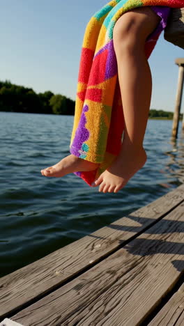 feet dangling from a dock over water