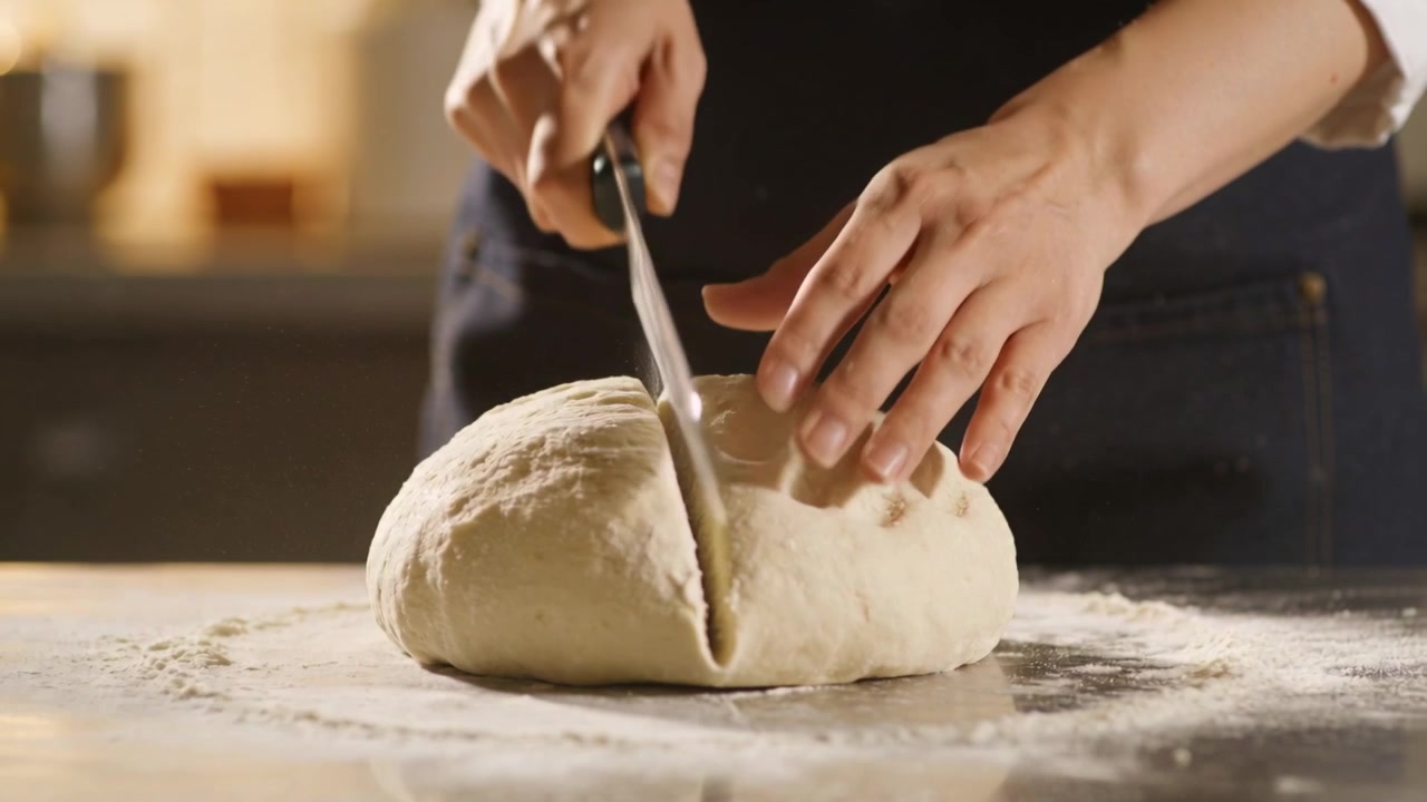 Cutting baker steadying dough, trimming with metal blade on floured counter in dark apron to bake