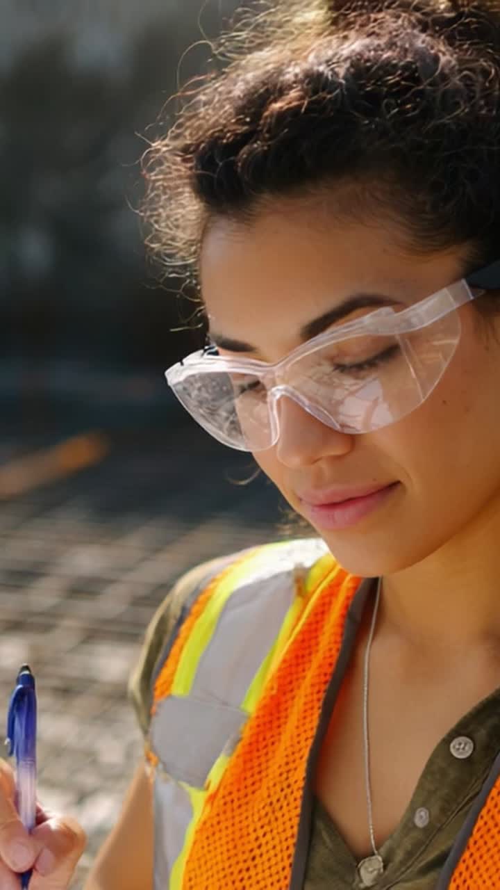 Focused woman in safety gear, wearing protective eyewear and holding a pen while observing her surroundings on a construction site, highlighting diligence and safety