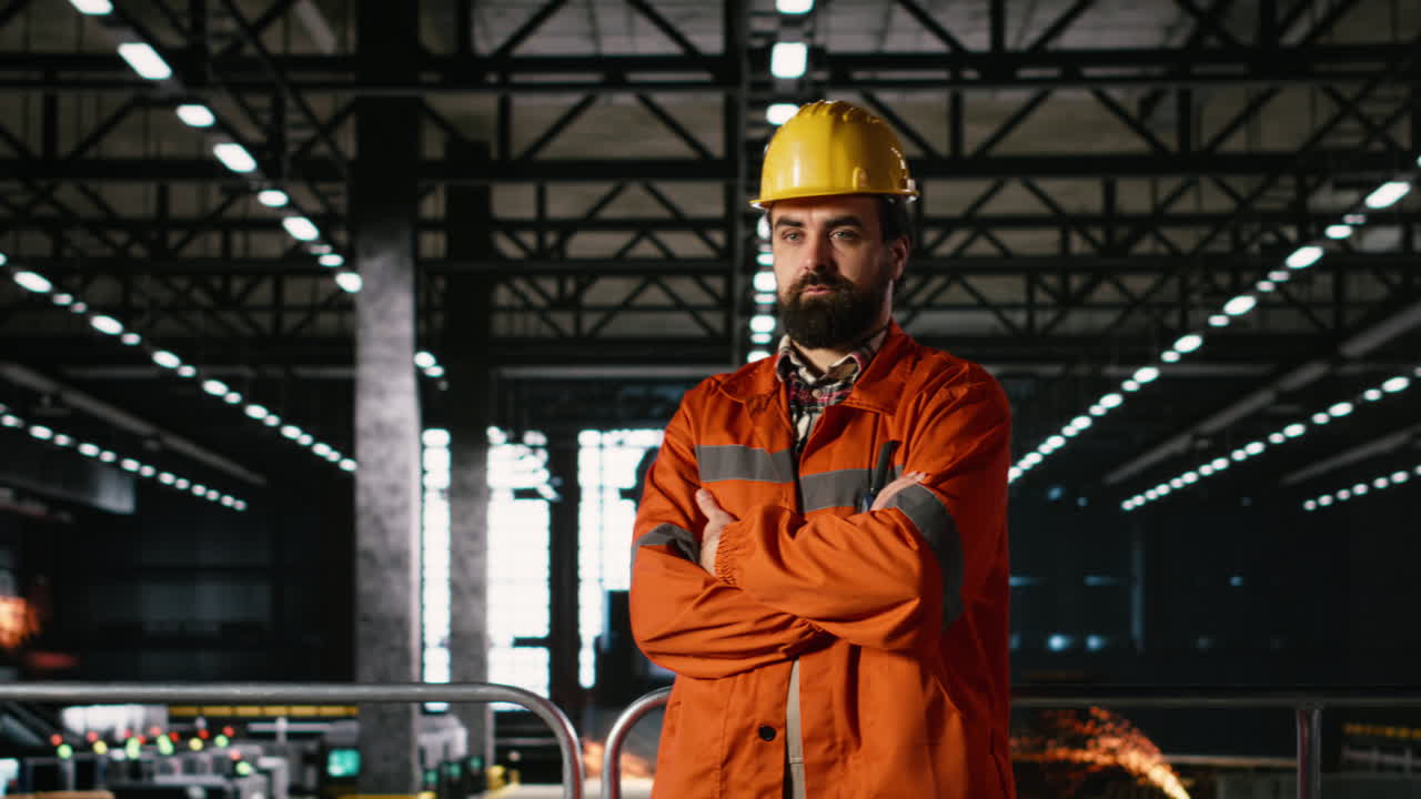Ritratto di professionista uomo con elmetto che esamina la lavorazione dei metalli in un capannone di produzione