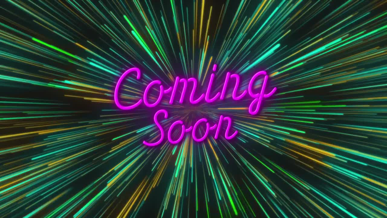 animación de texto que llegará pronto sobre senderos de neón