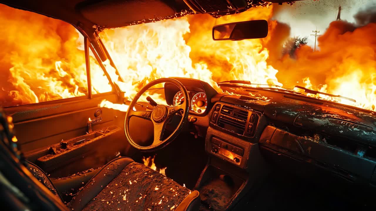 un coche está envuelto por llamas en el interior de un coche