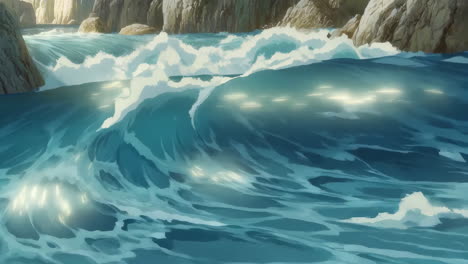 dynamic ocean waves crashing against rocky cliffs