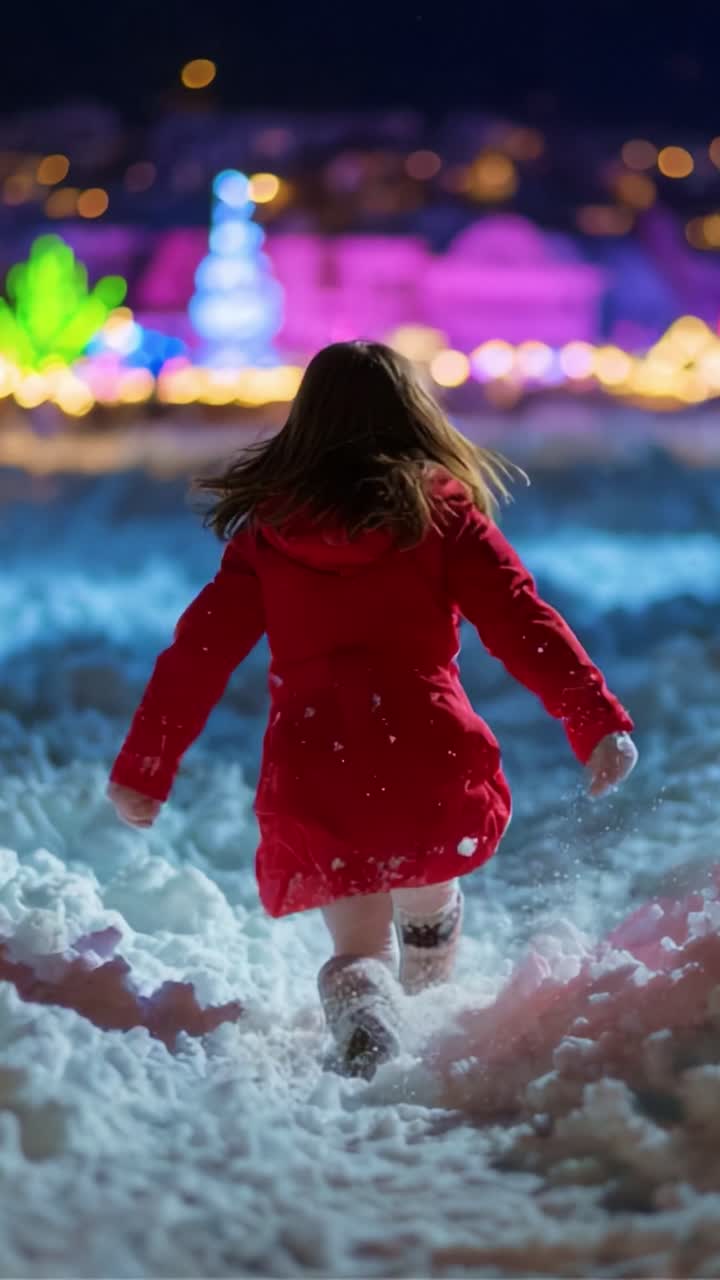 Uma criança pequena com uma jaqueta vermelha brilhante corre alegremente por uma paisagem nevada, cercada por luzes de Natal cintilantes e um paraíso de inverno, aproveitando a magia da temporada de festas à noite