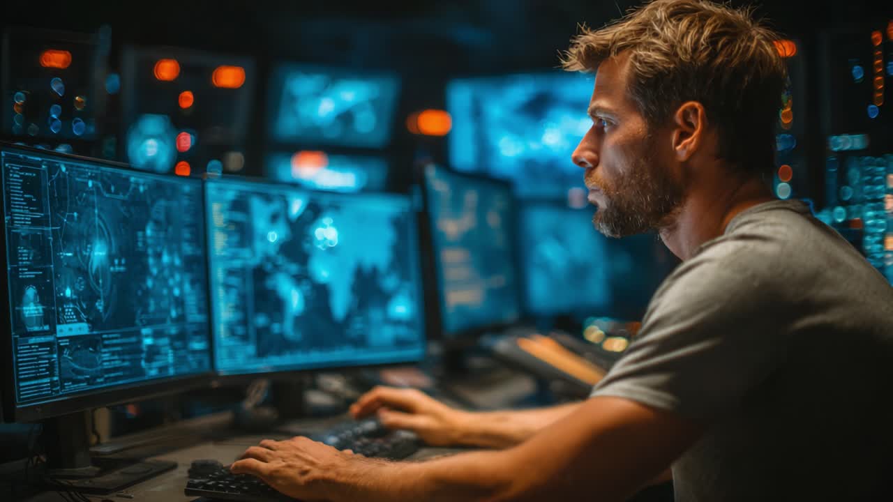 A Focused Individual Analyzing Data on Multiple Monitors in a High-Tech Control Room During a Nightly Session of Computer Operations and Cybersecurity Management