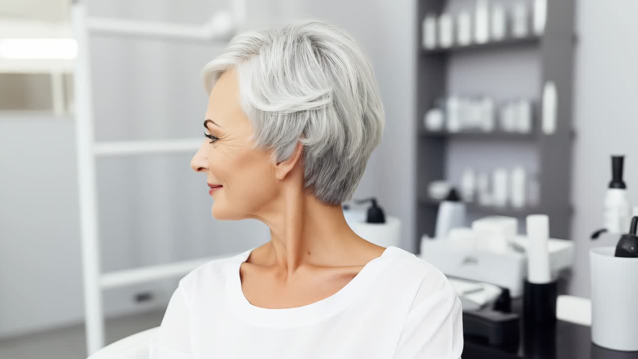 Experienced female beautician smiling confidently, standing amid colorful salon shelves stocked with beauty products, radiating professional passion while delivering personalized skincare expertise