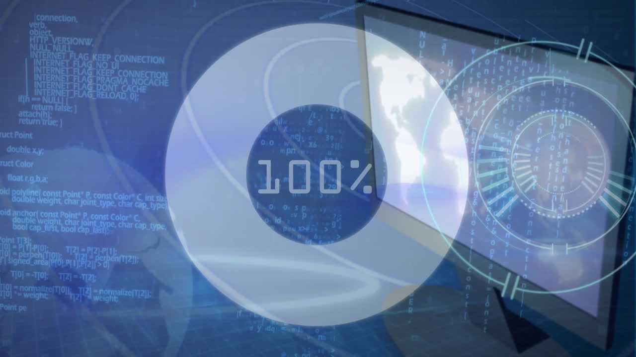 파란색 배경에 데이터 처리에 대한 움직이는 시계의 애니메이션