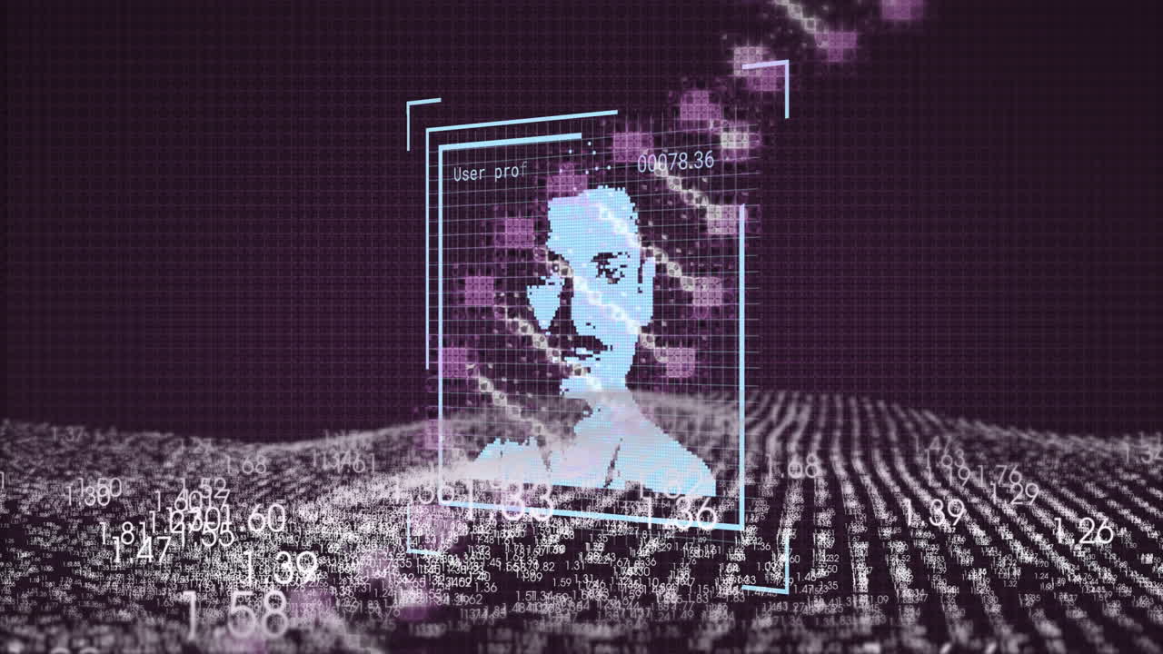 Analyzing data using digital face recognition with animation over numerical background