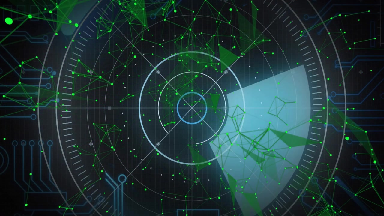 HUD centrale che ruota con un cuneo che appare, causando l'unione e il lampeggio di nodi verdi per mostrare i dati.