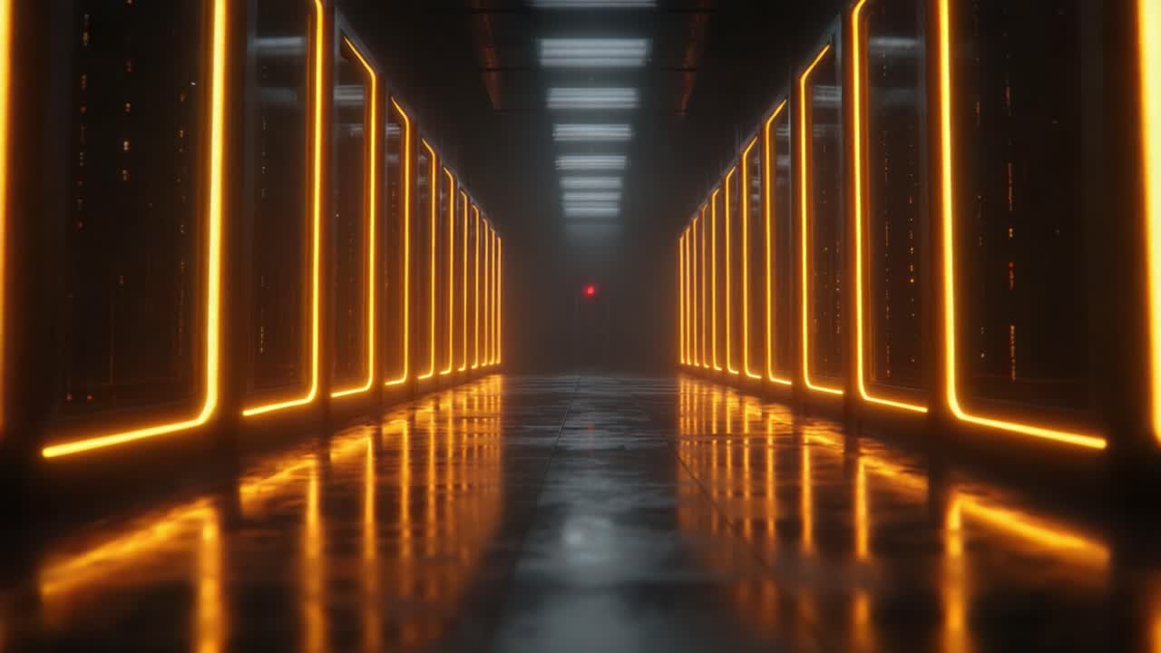 Alla scoperta di una sala server futuristica con linee luminose: uno sguardo a un ambiente di archiviazione dati high-tech che enfatizza innovazione e tecnologia