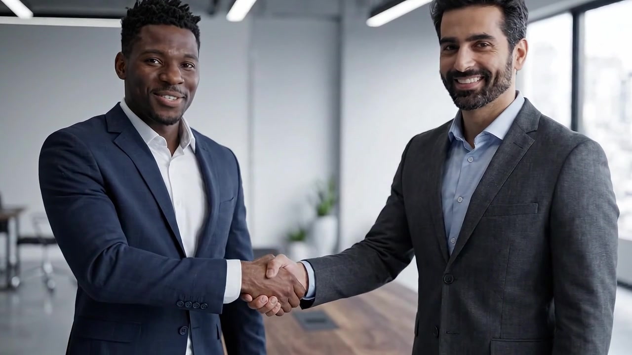 Two business professionals engage in a firm handshake, symbolizing trust and agreement in a modern office environment with a clean, elegant backdrop.